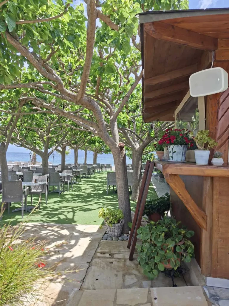 Outdoor speaker by the garden bar at S.K. Yiallos Beach Kebab